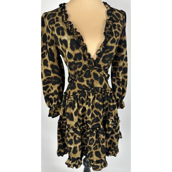 Mable Size Small Leopard Print Mini Dress Ruffle Tiered Skirt Animal Flirty - Picture 2 of 9